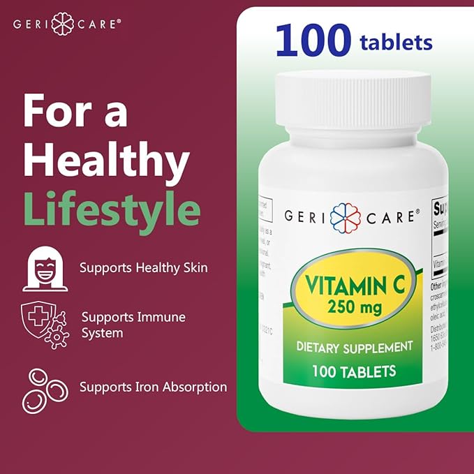 GeriCare Vitamin C 250mg, Immune Support, Antioxidant Protection, Collagen Boost & Iron Absorption for Overall Health, Nutritional Supplement, 100 Count (Pack of 1)