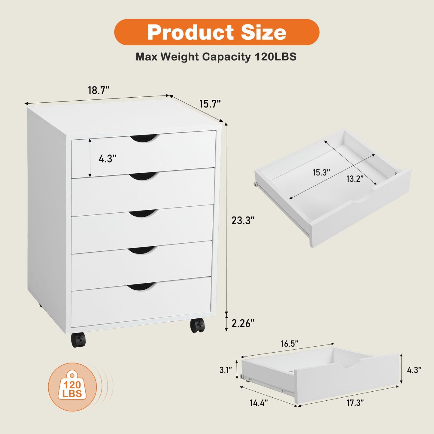 Whitmor 5-Drawer Wood Dresser with Wheels, Mobile Storage Cabinet for Home Office, Small Rolling Chest Organizer for Bedroom, Closet, Under Desk or Room Organization, White