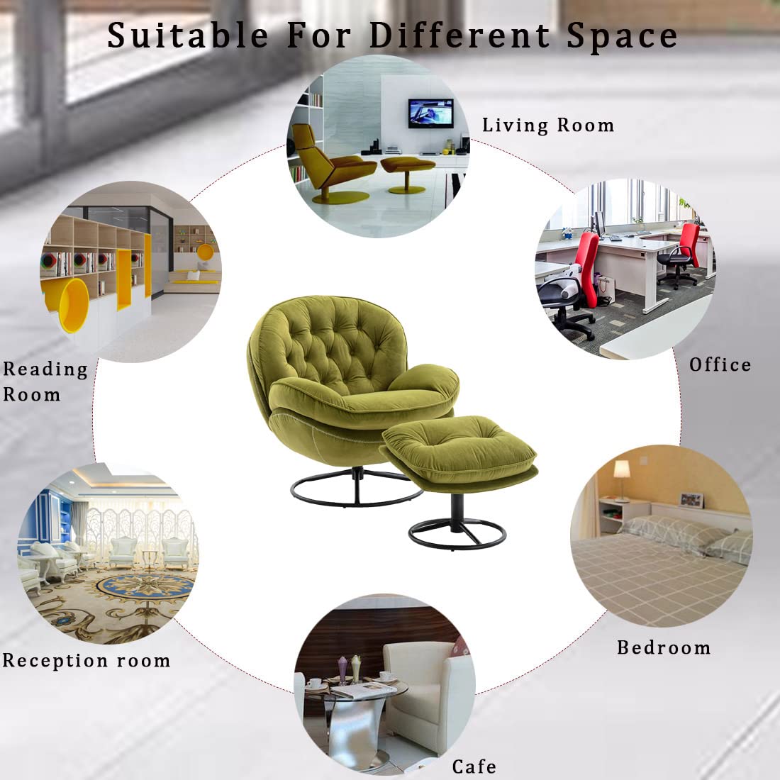 Baysitone Velvet Swivel Accent Chair with Ottoman Set, Modern Lounge Chair with Footrest, Comfy Armchair with 360 Degree Swiveling for Living Room, Bedroom, Reading Room, Home Office (Fruit Green)