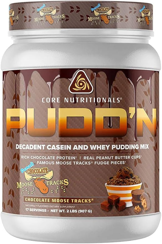 Core Nutritionals Pudd'n, Decadent Protein Pudding Mix, Full Disclosure Casein Blend, Sustained Release, 20G Protein, 17 Servings (Chocolate Moose Tracks, 2 lb)