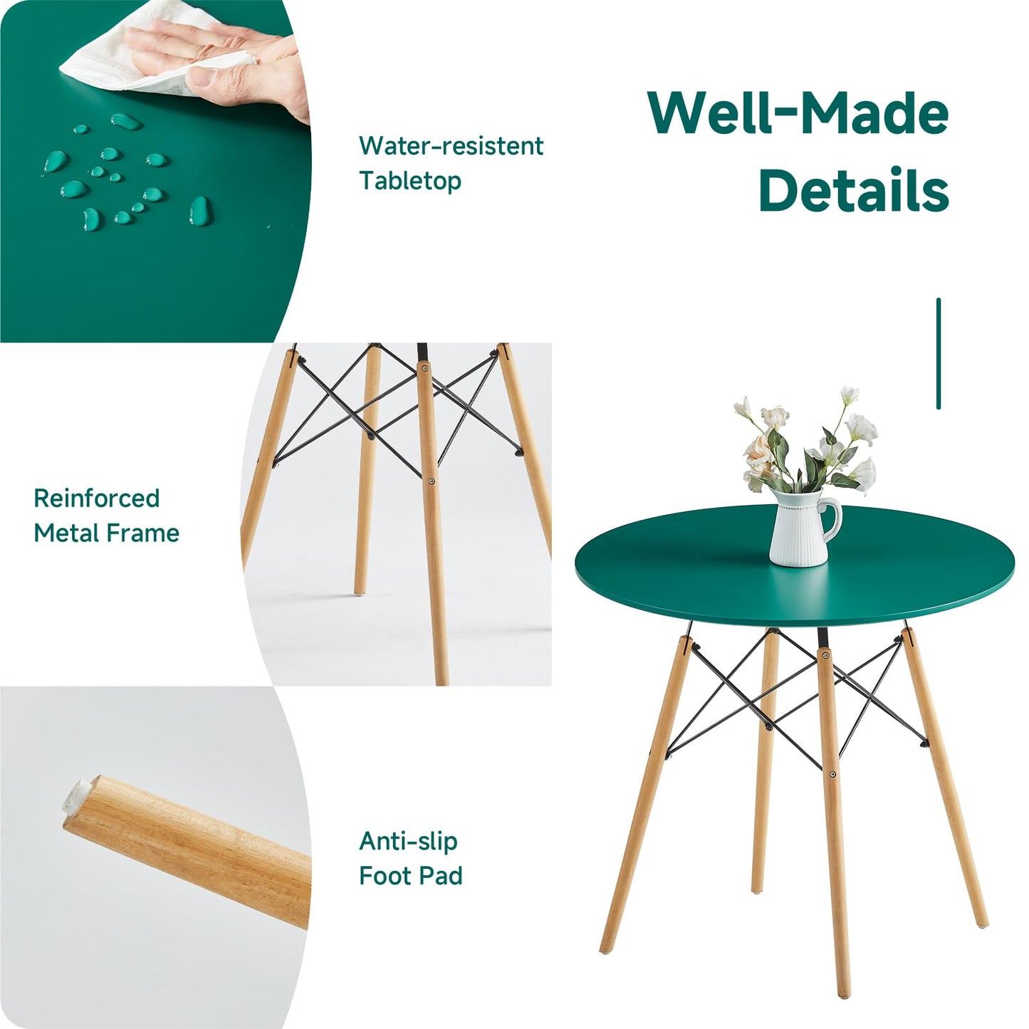 Yuqunfur Round Dining Table Set for 4 35.5" Wood Dinner Table Circle Dining Table Kitchen Table Chairs Set of 4 with Wood Strip Base for Kitchen Living Room Space Saving Apartment(Green)