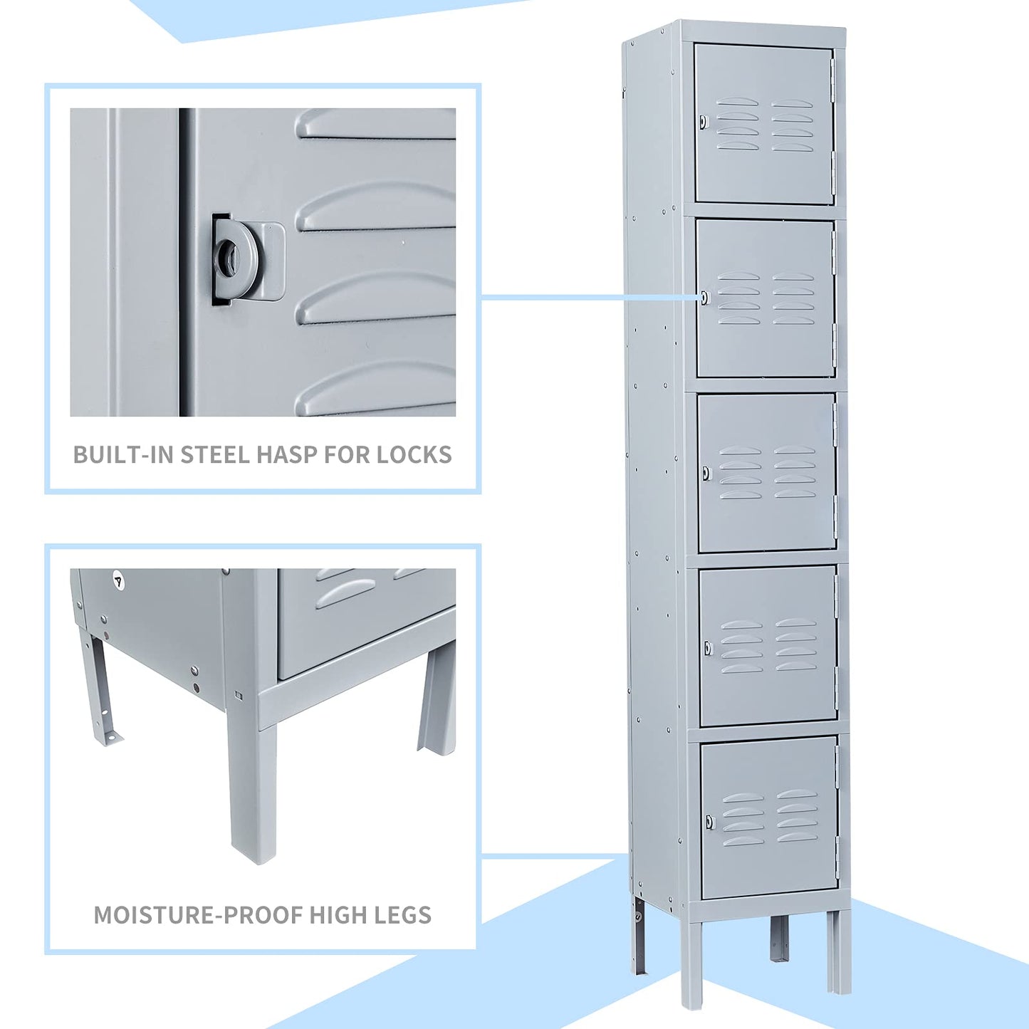 MIIIKO Metal Locker for Employees, 5 Tier Storage Shelves Cabinet, Steel Lockers with 5 Lockable Doors, for School, Home, Office, Changing Room and Gym