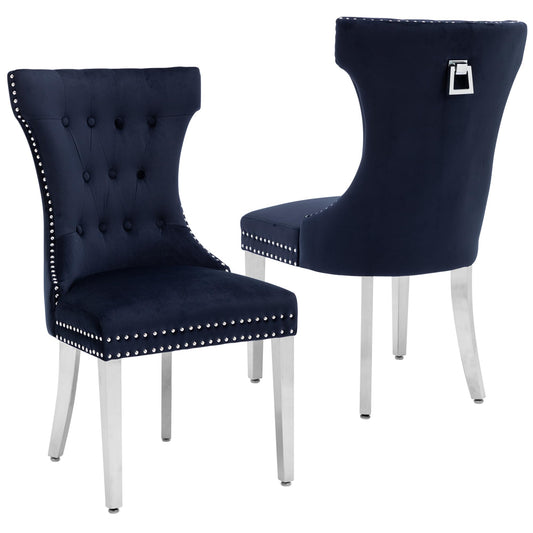 Creek Vista Velvet Dining Chairs Set of 2, Upholstered Dining Room Chair with Stainless Legs, Tufted Kitchen Chair with Button Back and Pull Ring, Dark Blue