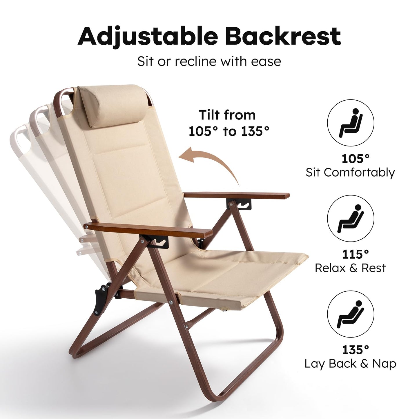 LUCKPRO Folding Beach Camping Chair with Pillow for Adults - 3 Position Recliner Portable Camping Chairs Compact Fold Extra Wide Seat Outdoor Folding Chairs for Backyard, Patio Chairs & Travel
