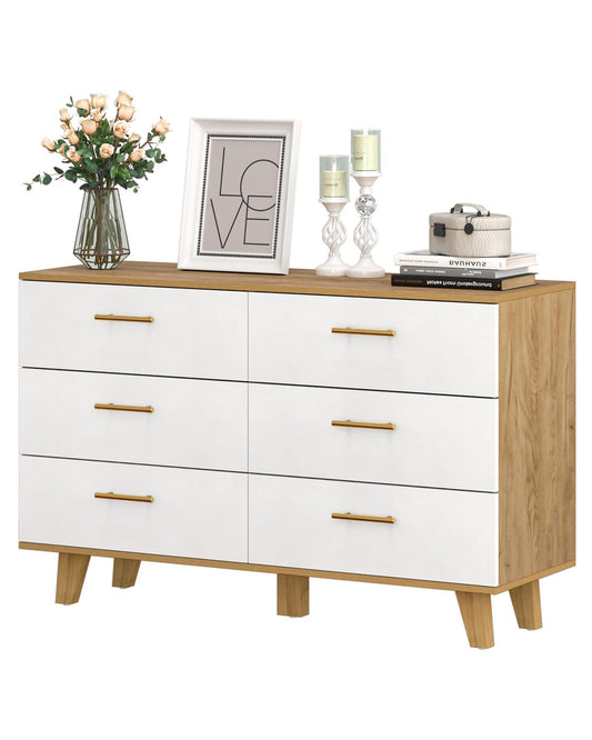 ALINE FURNITURE 6 Drawer Dresser, 48" Wide White Dresser Chest, Solid Pine Wood Dressers for Bedroom