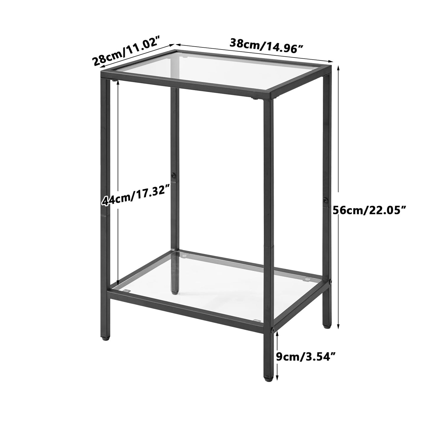 YMYNY Tempered Glass Side Table, 2 Tier End Table with Storage Shelves, Narrow Bedside Table, for Small Space in Living Room, Bedroom,Black, UHGD002B