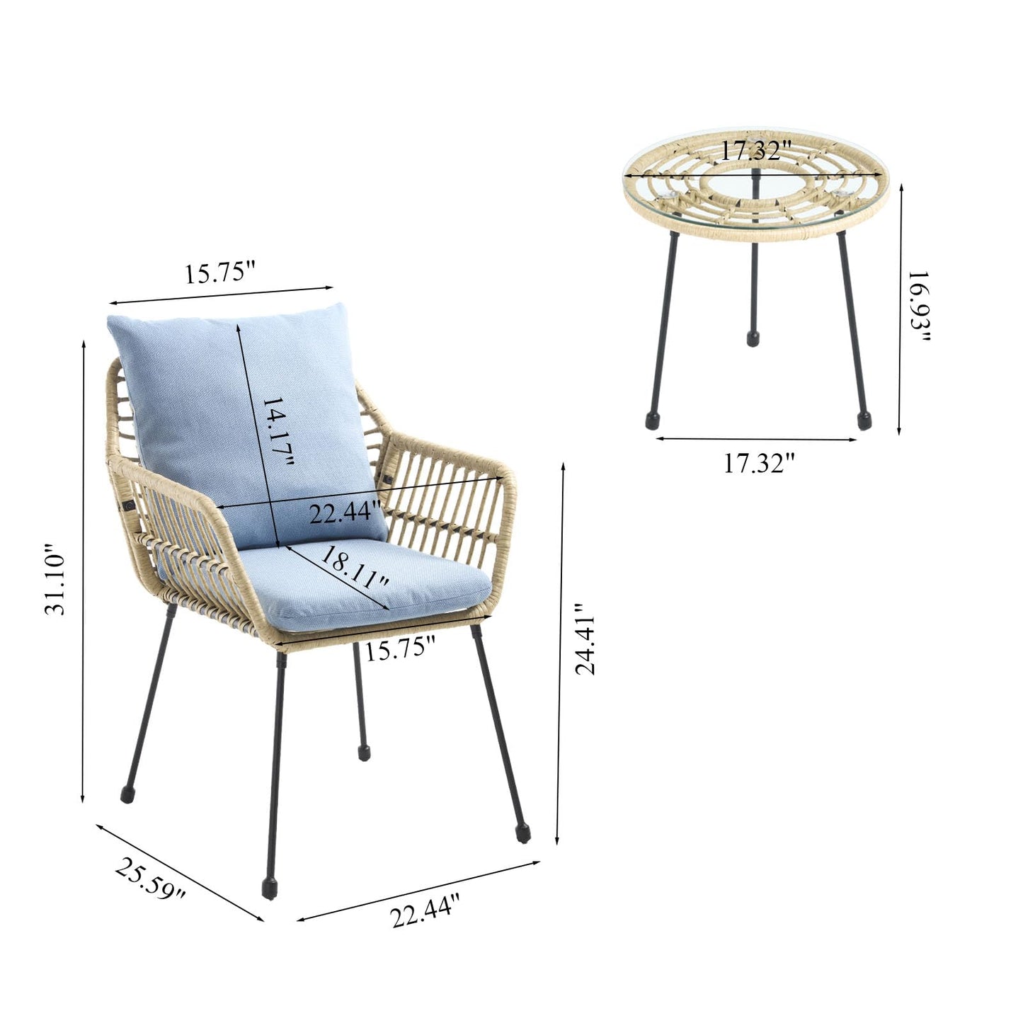 DAYARUS 3 Pieces Patio Bistro Set, Upholstered Rattan Outdoor Chairs with Coffee Table, Metal Frame Bistro Table and Chairs Set of 2, Modern Patio Conversation Set for Porch/Yard/Pool, Blue