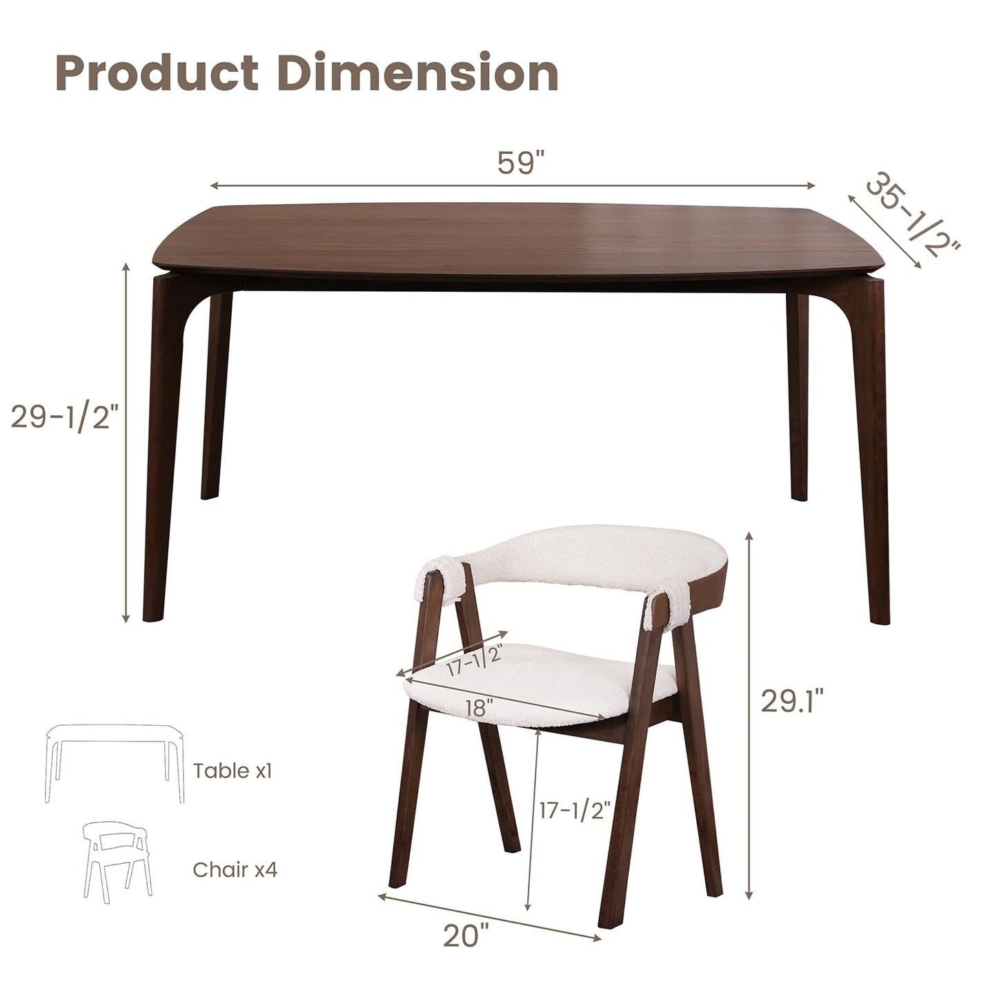 CONSDAN Dining Table Set for 4-6, Includes 1 Table & 4 Chairs, Walnut Veneer Top, Solid Wood Frame, Natural Wood Grain, Easy Assembly, Modern Design