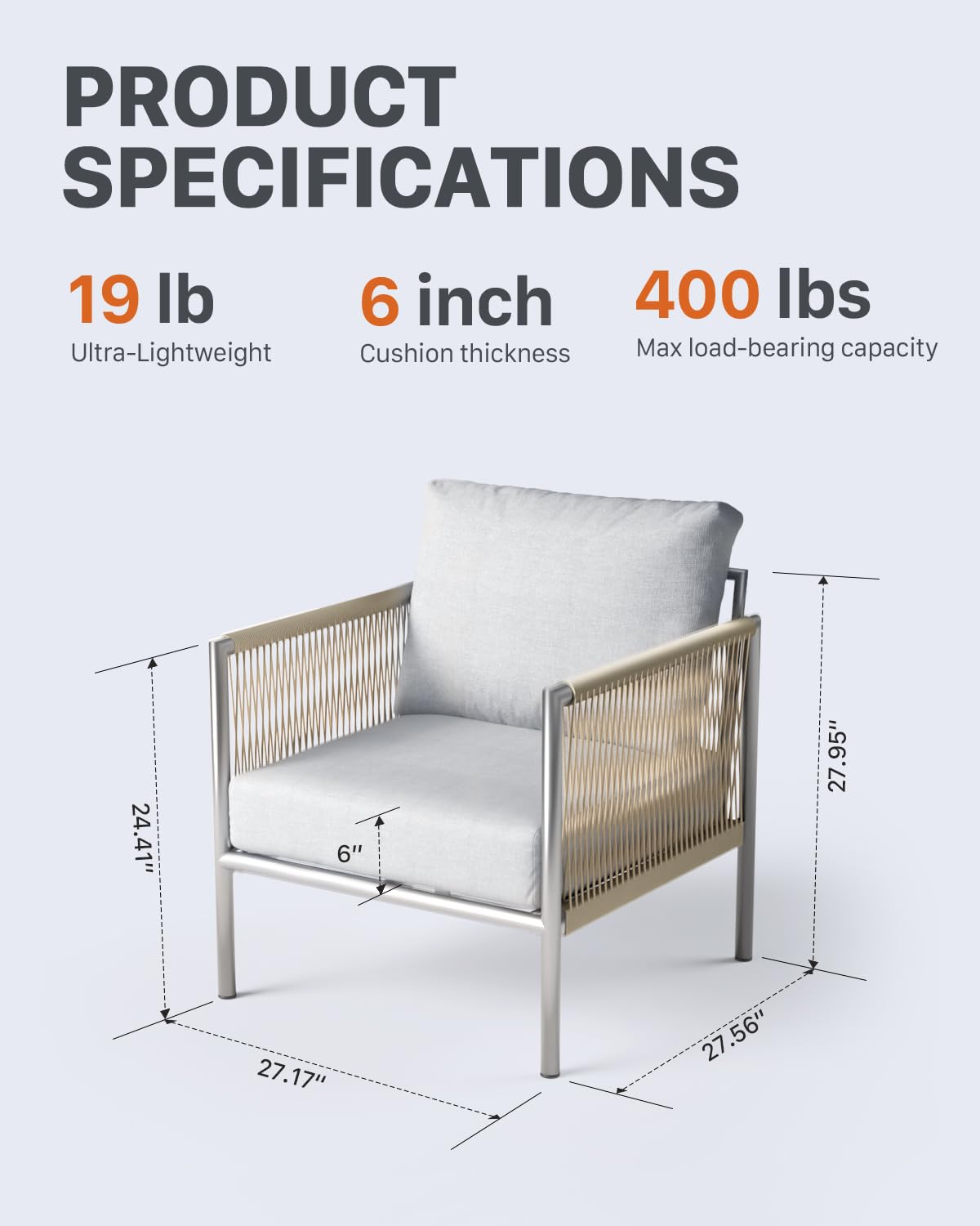 ZANDOR Aluminum Outdoor Front Porch Furniture Armchair 2 Sets, HDPE Woven Rope Rattan Bistro Patio Sofa Chair, Indoor Sectional Conversation Balcony Seat, Thick Cushion Wicker Backyard Sofa, Silver