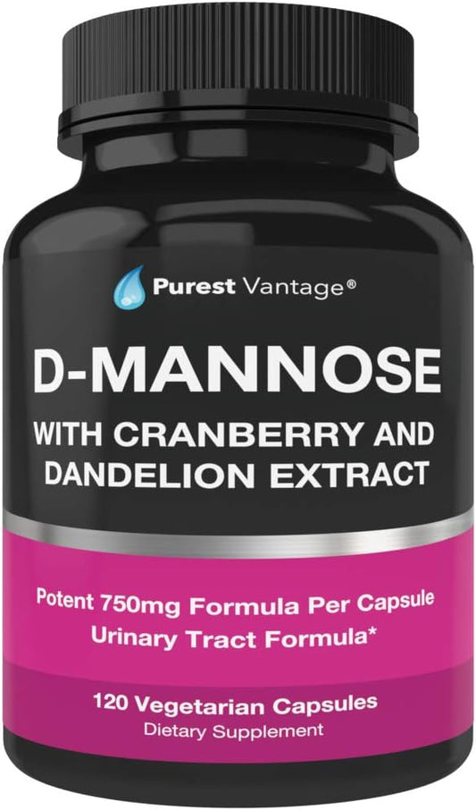 D Mannose Capsules with 600mg D-Mannose Powder Per Cap - with Added Cranberry and Dandelion Extract to Aid in Bladder, Urinary Tract and UTI Support - 120 Veggie Caps