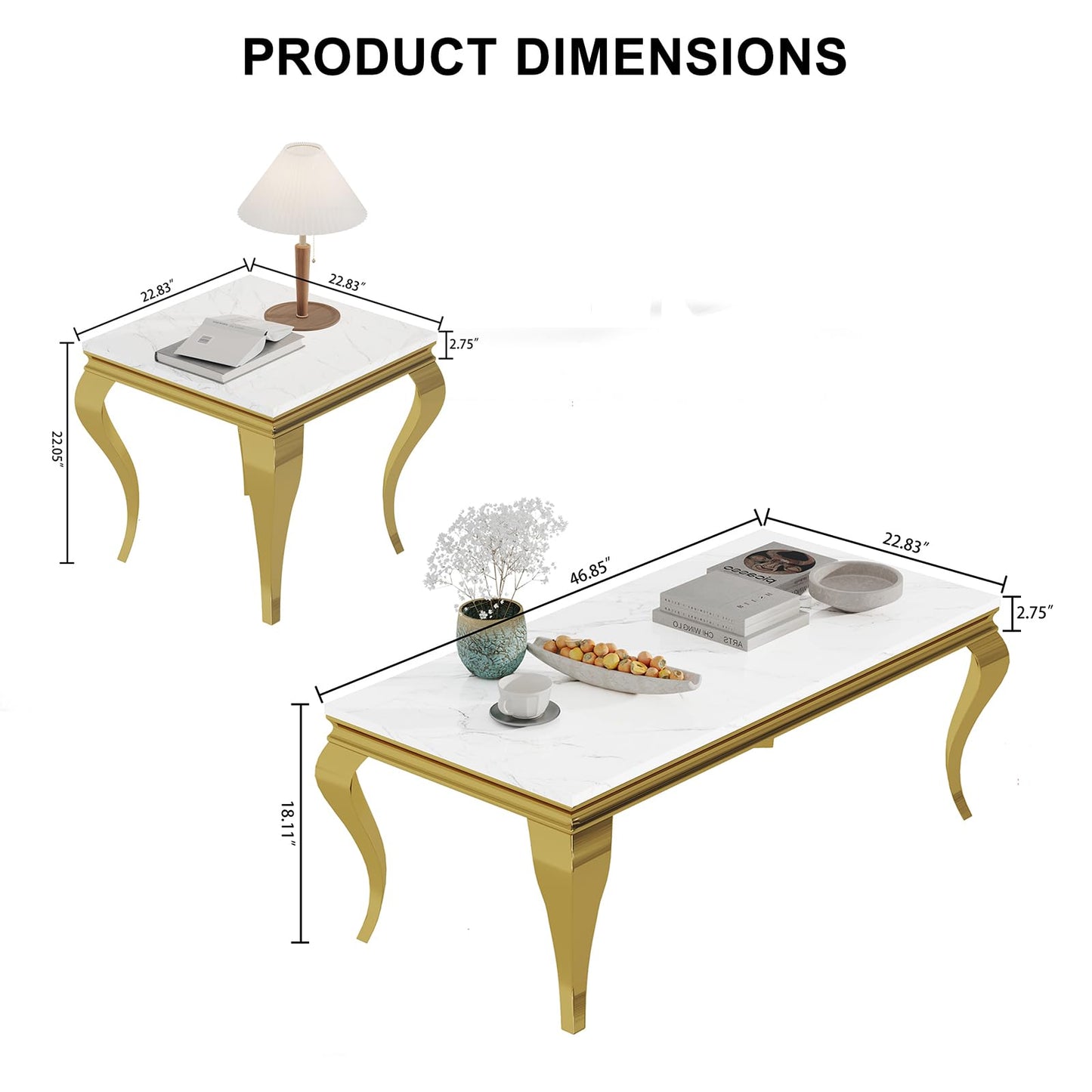 SSLine Modern 3 Piece Living Room Table Set, Includes 1 Coffee Table & 2 End Tables, Luxury Faux Marble Coffee End Table Set with S-Shape Stainless Steel Legs (White Marble& Gold3)