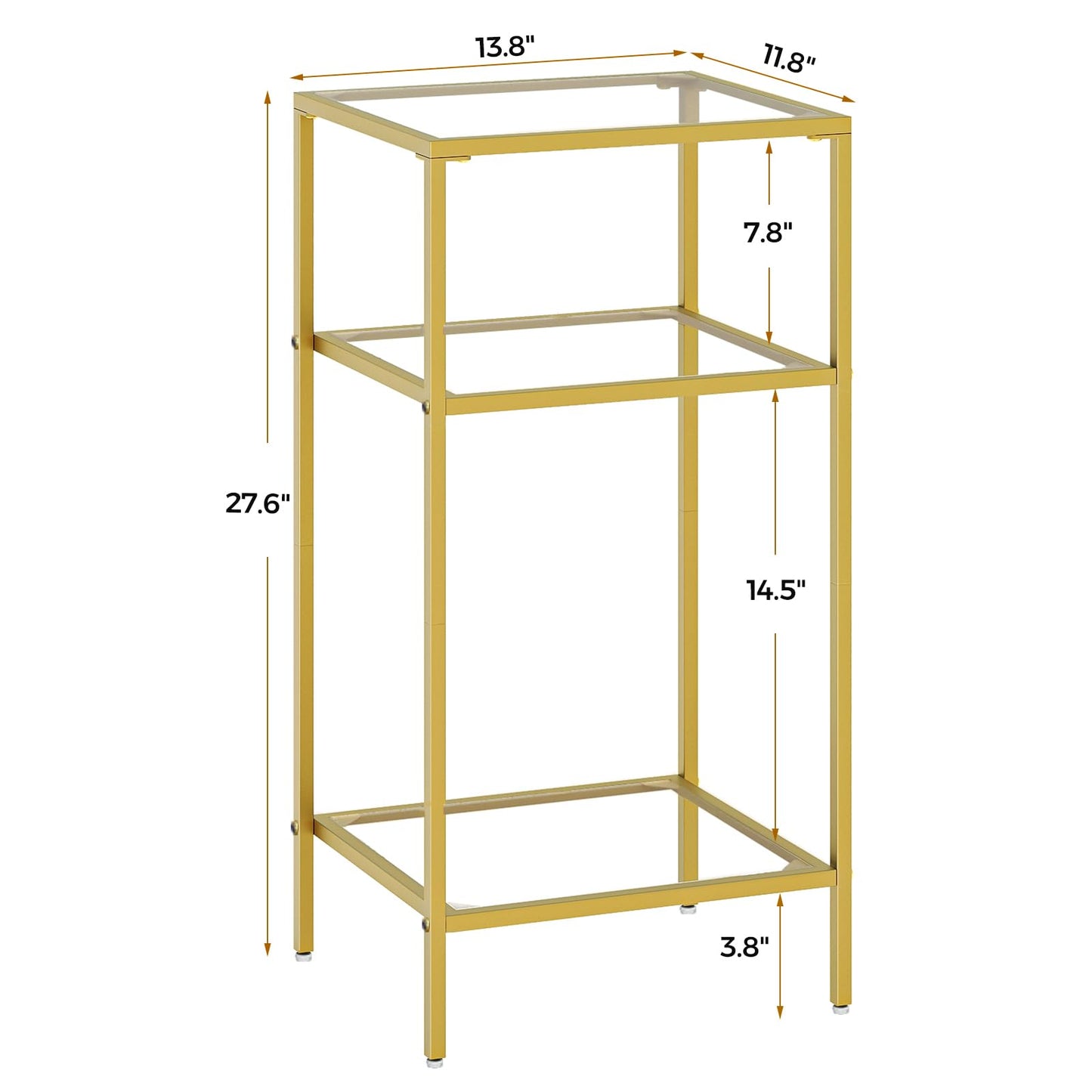 Homhedy 3-Tier Side Tables Set of 2, End Tables with Tempered Glass, Nightstands with Storage Shelves, Slim Sofa Tables for Living Room, Bedroom (2, Golden)