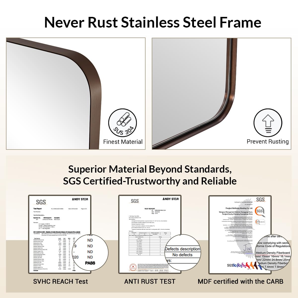 ANDY STAR Wall Mirror for Bathroom, 24"x36" Brushed Bronze Bathroom Mirror, Rounded Rectangle Mirror for Vanity, Stainless Steel Metal Frame