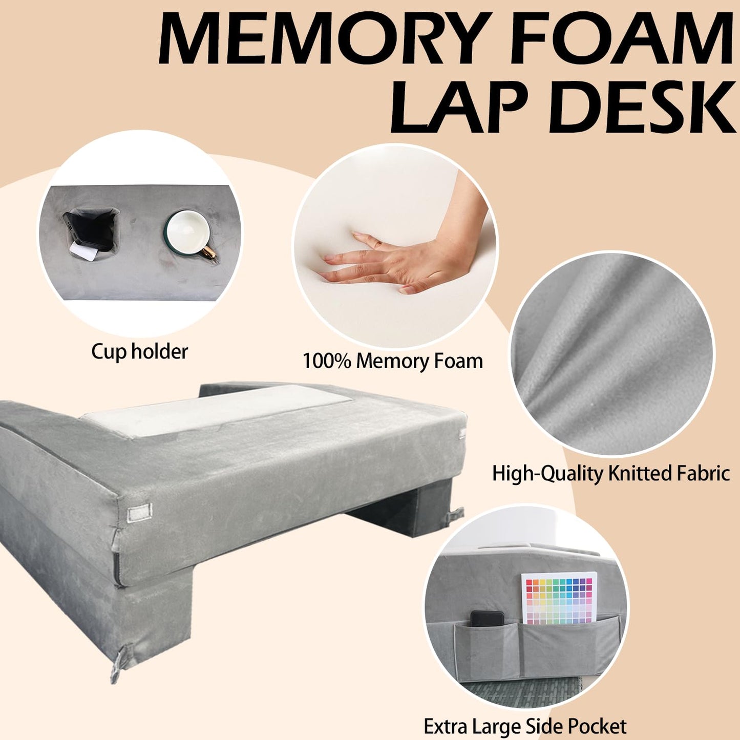 Nevsokio Extra Large Memory Foam Reading & Gaming Pillow with Adjustable Arm Rest, Lap Desk Pillow for Adults – Ergonomic Support for Working, Gaming, Reading in Bed, Couch, Floor (Grey)
