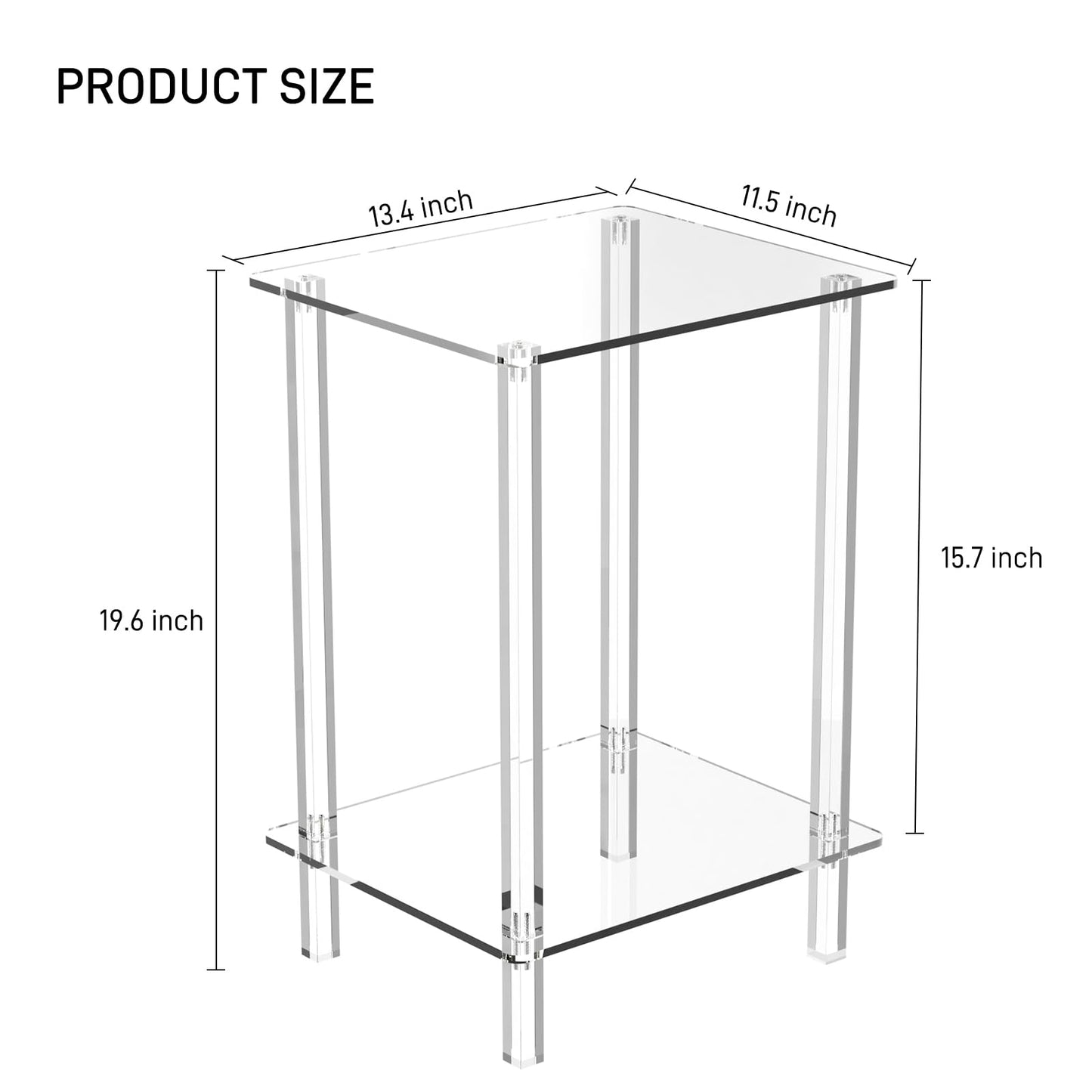 Eglaf Acrylic Side Table Set of 2-13.4'' L x 11.5'' W x 19.6'' H Small End Table Clear Nightstand Bedside Table for Living Room, Bedroom, 2-Tier, Square Leg