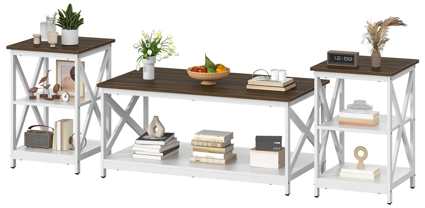 Bigbiglife Living Room Coffee Table Set of 3, Industrial X-Design Coffee Table and 2 End Side Tables, 3 Piece Living Room Table Set with Large Storage for Apartment Home (White+Walnut Brown)