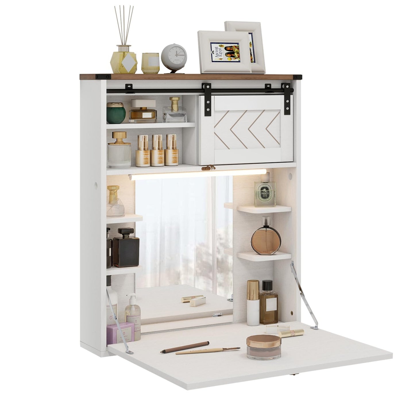 ARTETHYS Floating Vanity Desk with Mirror and Lights Small Wall Mounted Makeup Set with Storage White Farmhouse Dressing Table for Tiny Space