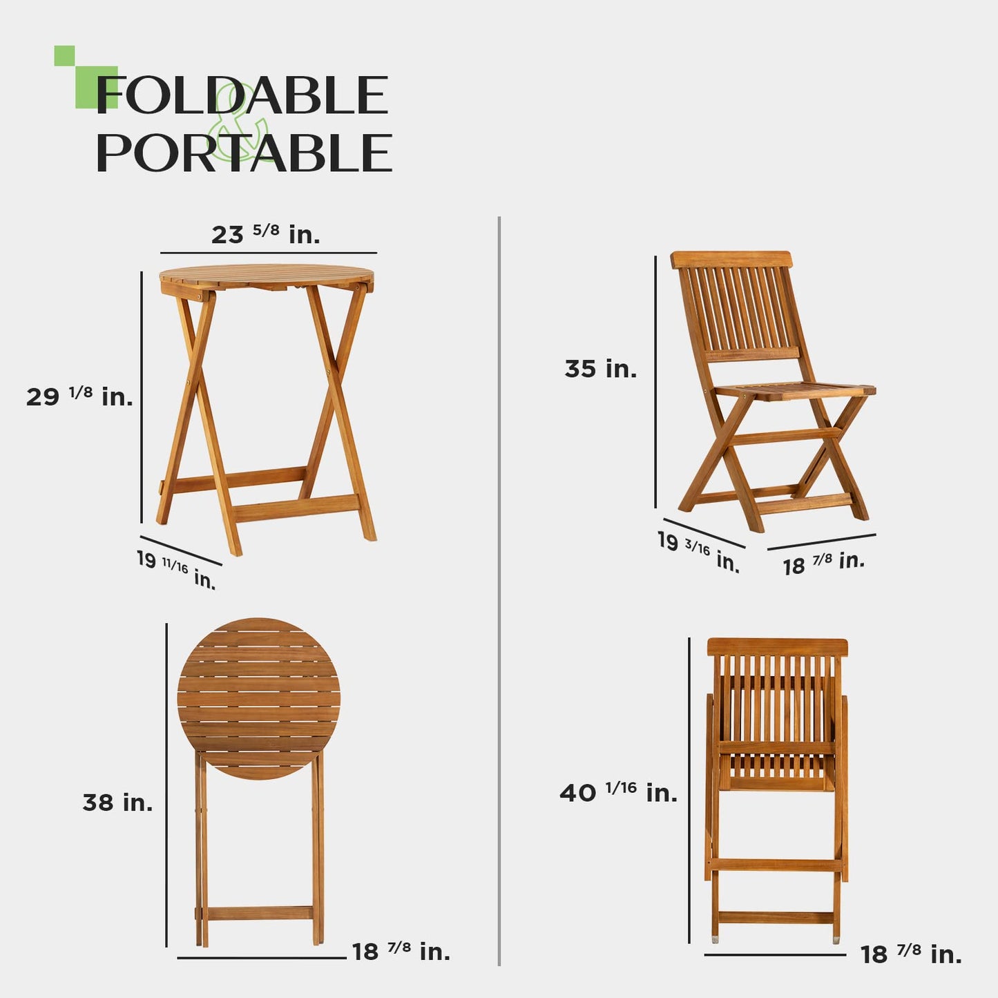 IDZO Heavy Duty 400lbs Capacity Patio Bistro Sets, 3 Piece Outdoor Folding Chairs with Cushions and Round Table, FSC-Certified Acacia Wood, Space-Saving Design for Balcony, Garden and Porch