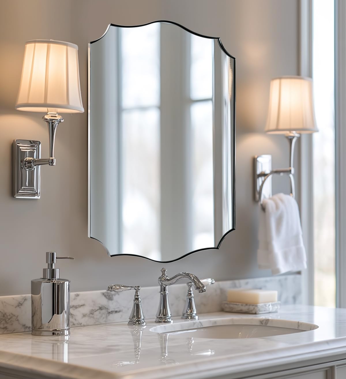 ANDY STAR Chrome Mirror 24x36, Polished Silver Bathroom Mirror, Modern Wavy Mirror with Sophisticated Curved Design, SUS304 Anti-Rust, 1’’ Deep Wall-Mounted Vertically/Horizontally