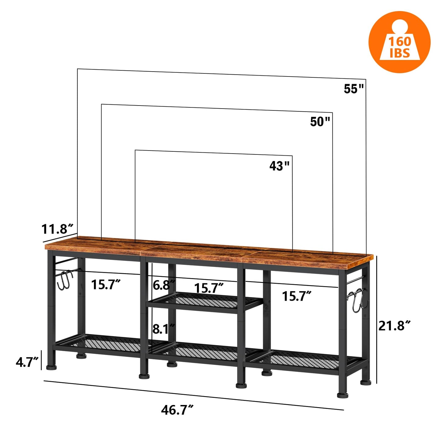 Furologee TV Stand for TVs up to 55 Inch, Entertainment Center with Open Storage Shelves, TV Media Console Table with Soundbar Shelf for Living Room, Bedroom, Rustic Brown