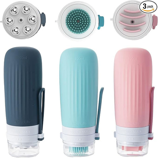 3-in-1 Facial & Body Scrub Bottle and Acupoint Massage Roller, Exfoliating and Facial-Lifting, 100ml Leak Proof Travel Container