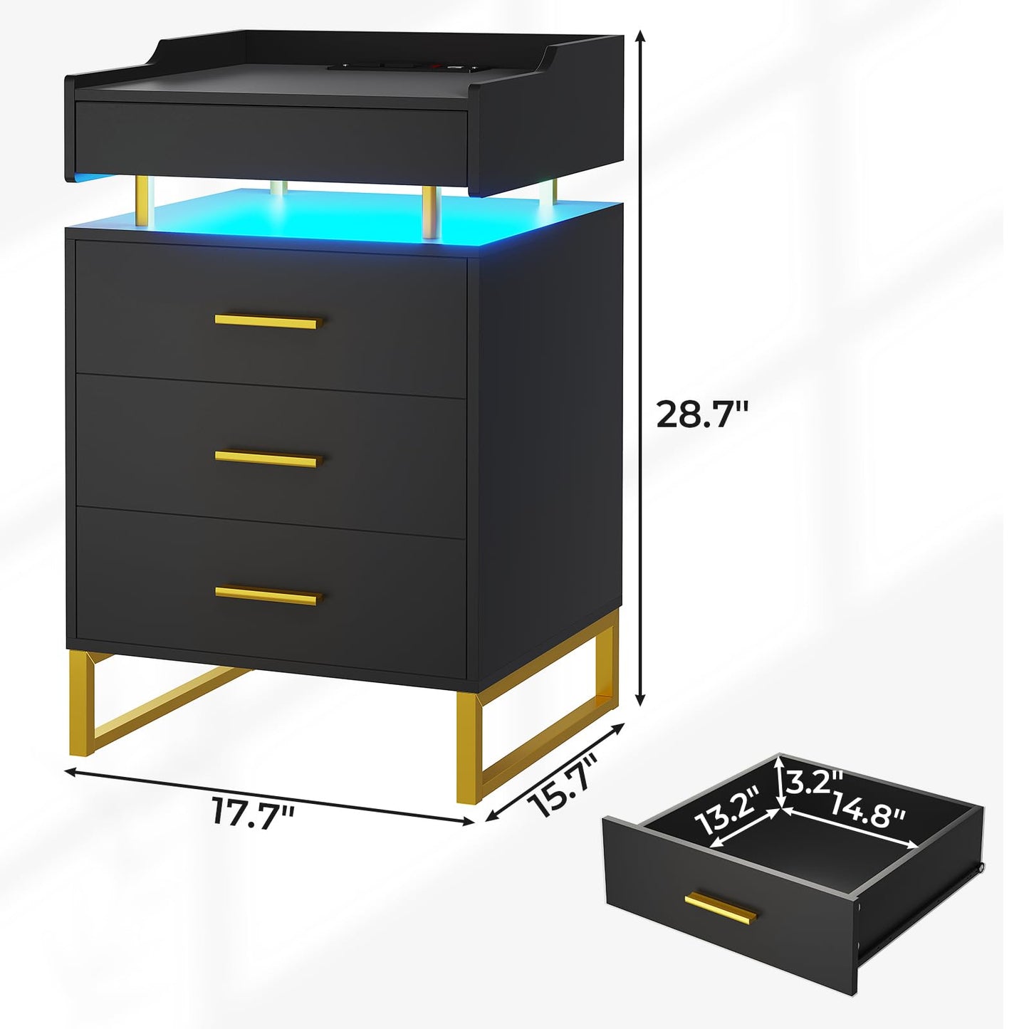 BTHFST LED Nightstand with Charging Station, Night Stand with 3 Drawers and 1 Pull-Out Tray, End Side Table with Storage, Bedside Table with LED Lights & Metal Legs, Black and Gold