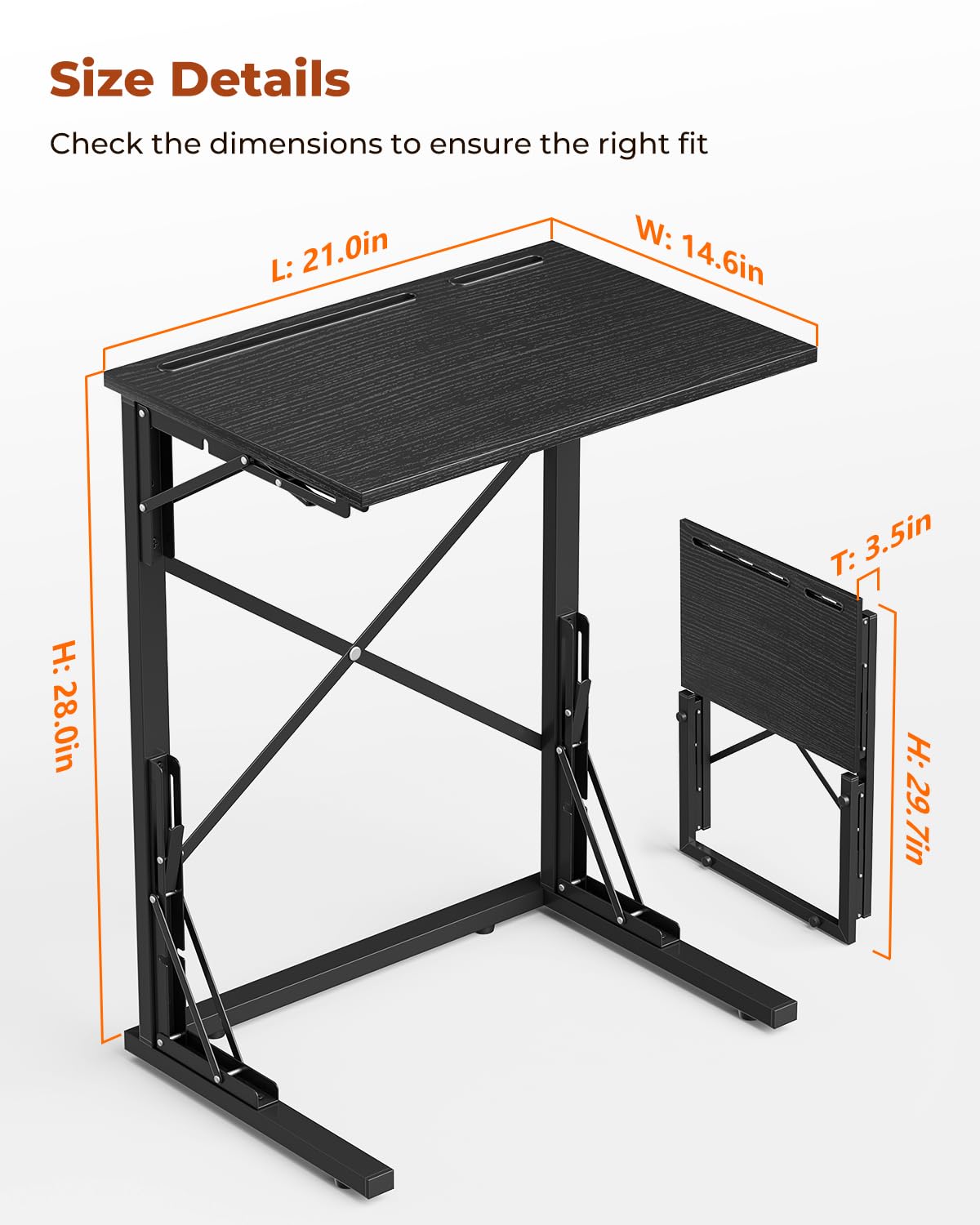 Evermagin 21''Wx28''H TV Tray Set of 2, Small Foldable C-Shaped End Table for Eating with Tablet and Phone Slots, Slide Under Couch Side Table for Recliner, Living Room, Bedroom, Black