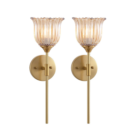 BYOLIIMA Gold Wall Sconce Set of 2 with Amber Glass Shades Modern Mid Century Bathroom Vanity Wall Light Fixtures Industrial Brushed Brass Wall Lamp for Bedroom Mirror Living Room Restaurant