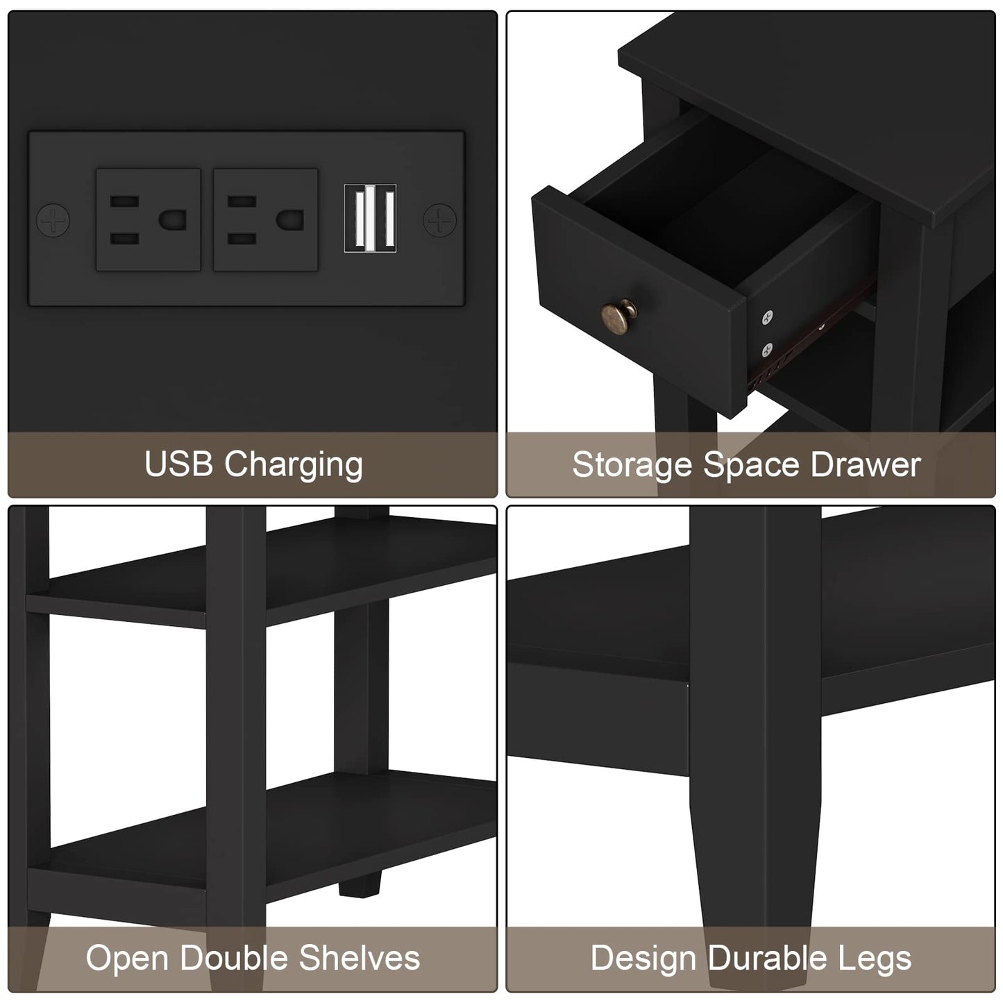 ChooChoo Black End Table Set of 2, Sofa Side Table Living Room with Charging Station,Narrow Night Stand with USB Ports & Power Outlets and Hidden Drawer