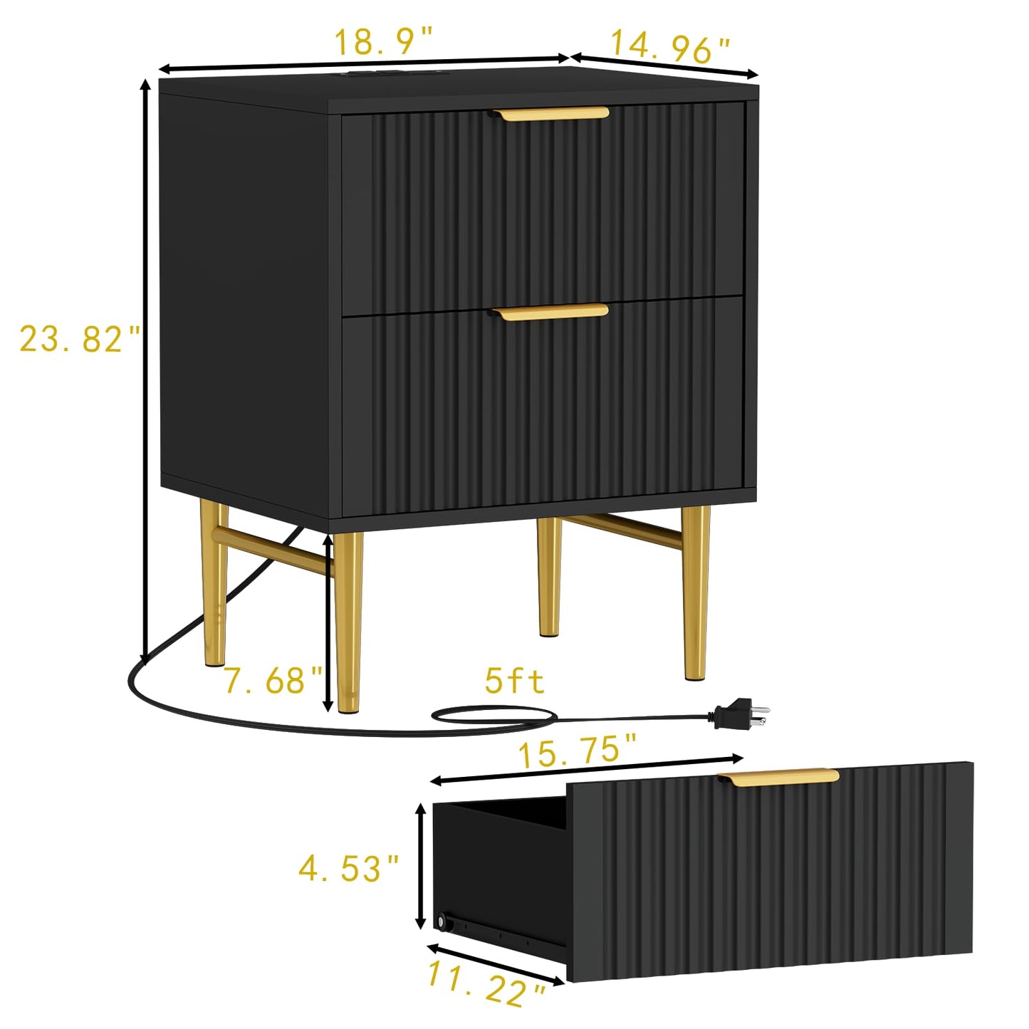 Nightstand with Charging Station, Side Table with 2 Drawers, Fluted End Table with Gold Metal Legs & Handle, Bedside Table with Wide Tabletop, Night Stand with Fluted Panel for Bedroom (2, Black)