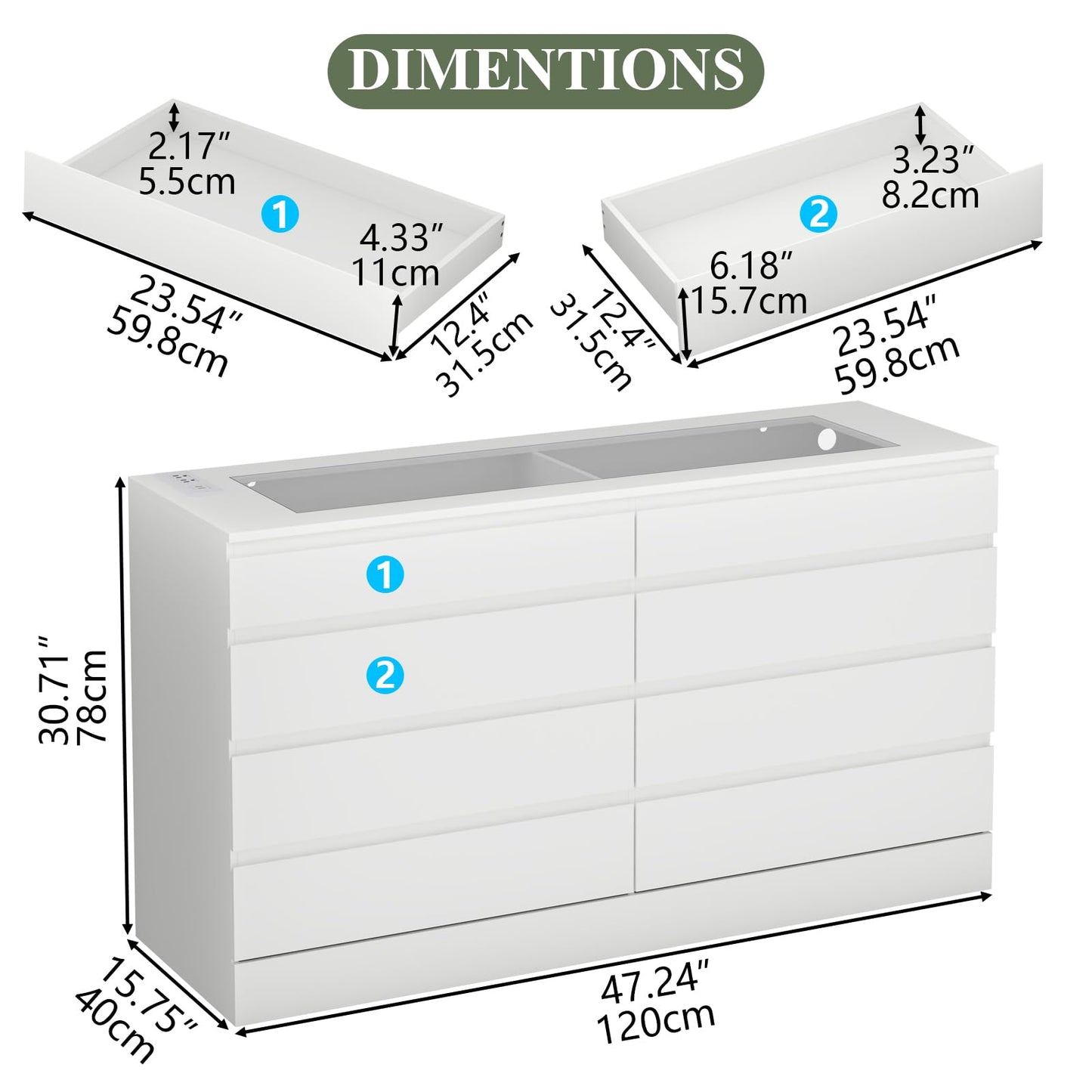 Gyfimoie 8 Drawer Dresser with Power Outlet, White Dresser for Bedroom Chest of Drawer with Glass Top & LED Light, Modern Double Wide Drawer Organizer Cabinet for Living Room (White)