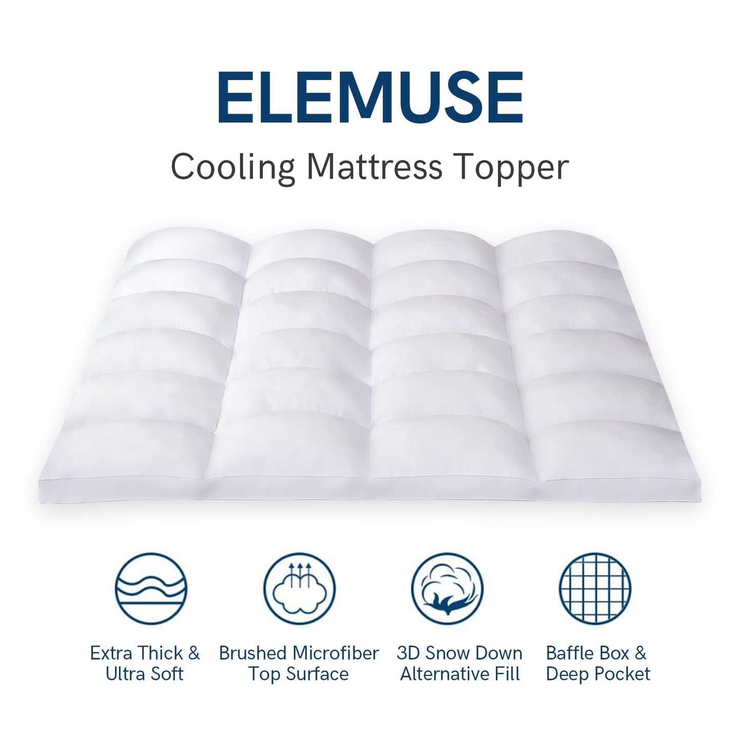 ELEMUSE Queen Mattress Topper for Back Pain, Extra Thick Mattress Pad Cover, Plush Soft Pillowtop with Elastic Deep Pocket, Overfilled Down Alternative Filling