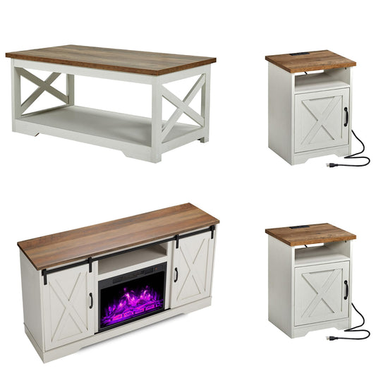 AMERLIFE 5-Piece Farmhouse Table Set Includes Fireplace TV Stand, Coffee Table& Two End Tables with Charging Station and USB Ports, for Living Room, Distressed White, 63"