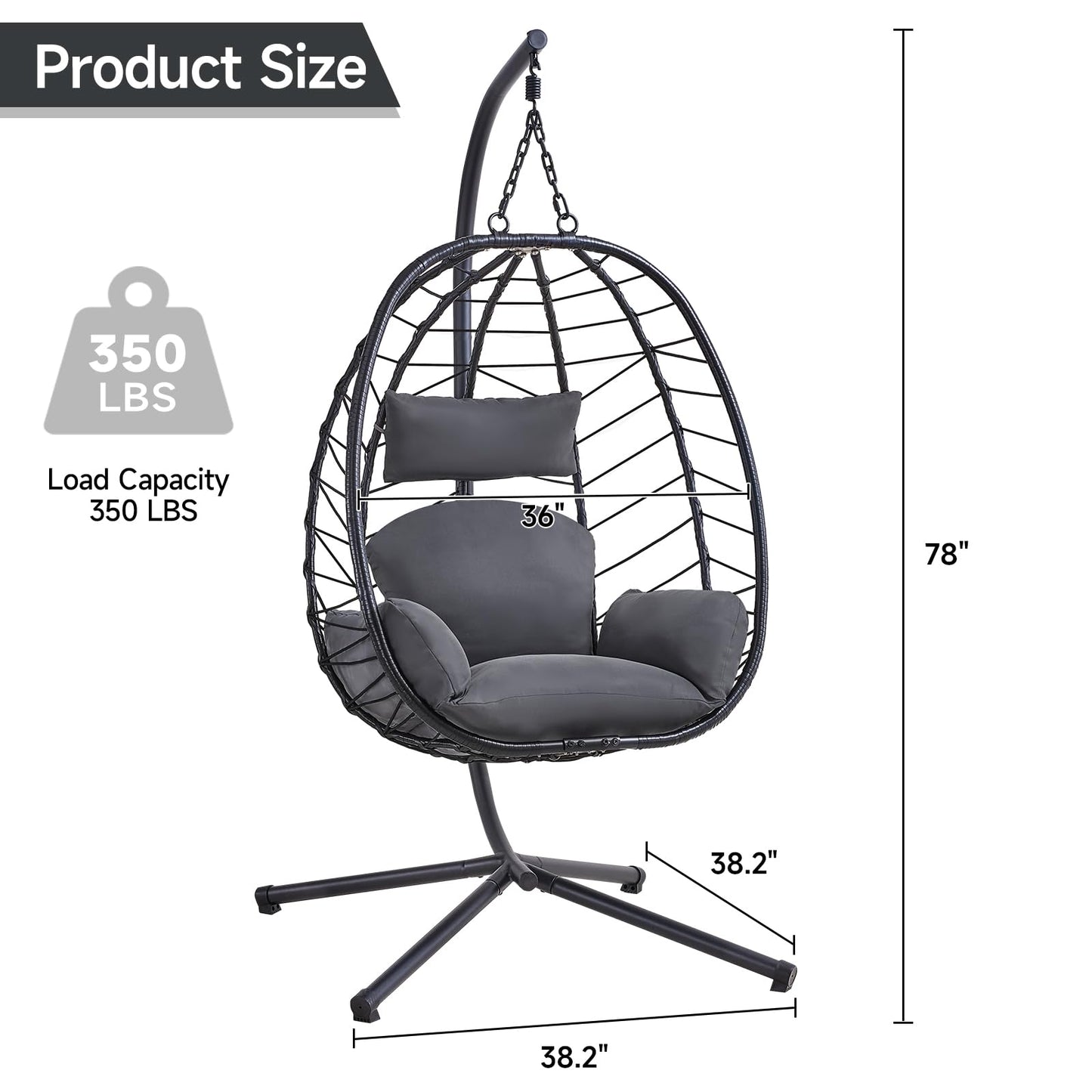 ONBRILL Hanging Egg Chair with Stand, Outdoor Indoor Egg Swing Chair with Cushion Headrest, Wicker Rattan Egg Chair with Dual Chains, 350LBS Capacity for Patio, Porch, Balcony, Bedroom (Dark Gray)