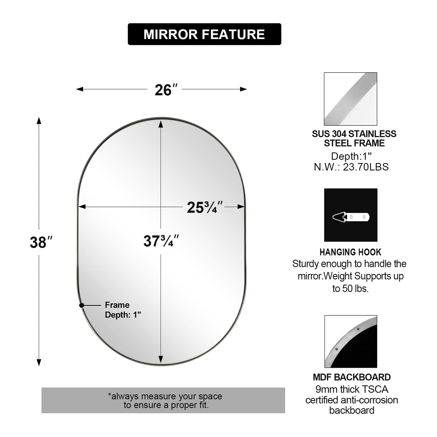 ANDY STAR Chrome Bathroom Mirror, 26x38’’ Oval Mirrors for Bathroom, Pill Shaped Mirror Chrome Metal Framed, SUS304 Anti-Rust, 1’’ Deep Wall-Mounted Vertically/Horizontally