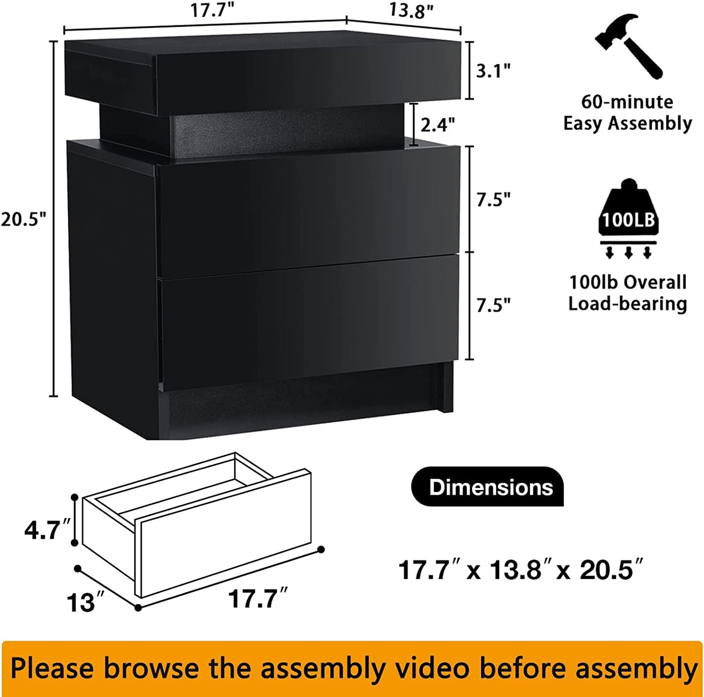 HOMMPA LED Nightstand - Modern Black Night Stand with 2 High Gloss Drawers - 20.5' Tall