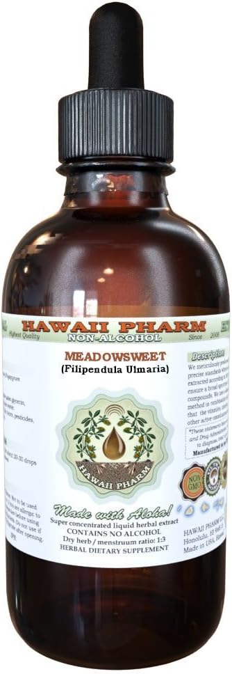 Meadowsweet Alcohol-Free Liquid Extract, Meadowsweet (Filipendula Ulmaria) Herb Glycerite Natural Herbal Supplement, Hawaii Pharm, USA 2 oz