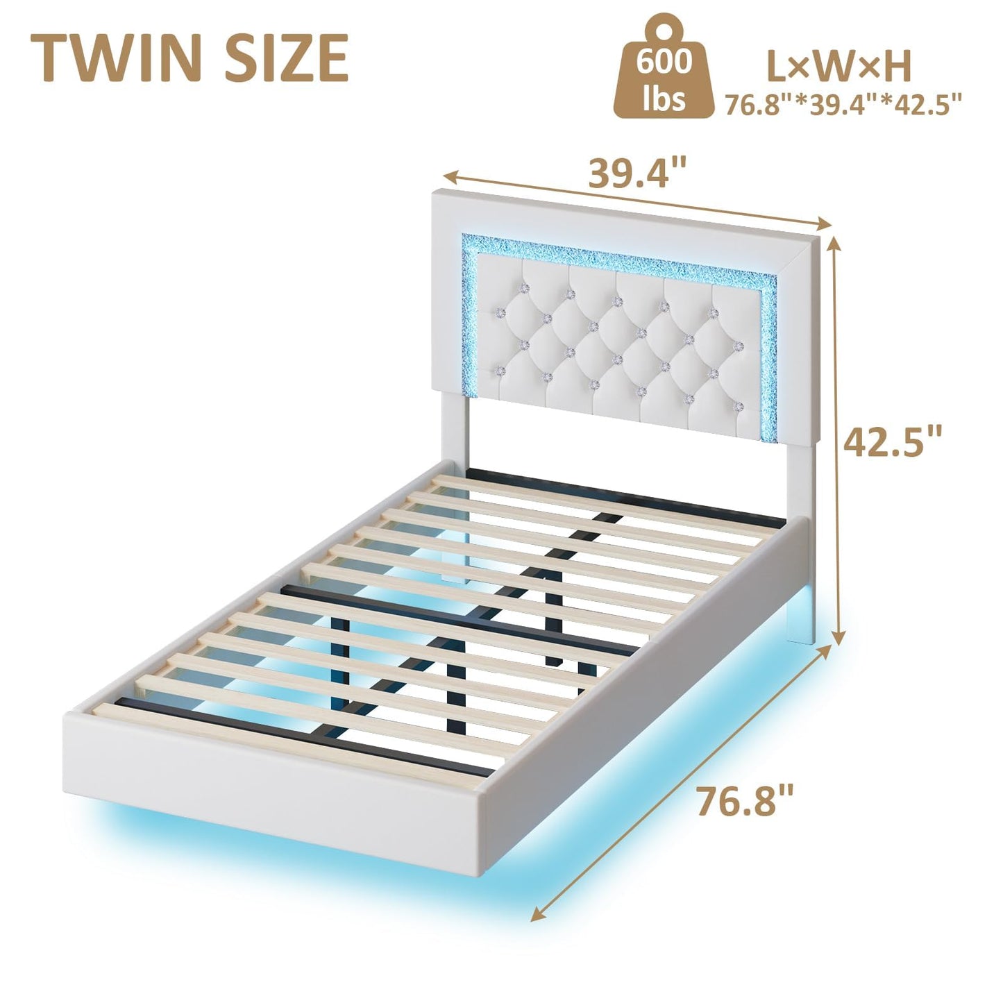 Floating Bed Frame Twin with LED Lights, Upholstered Platform Bed with Diamond Tufted Headboard, No Box Spring Needed, Noise Free, Easy Assembly, White