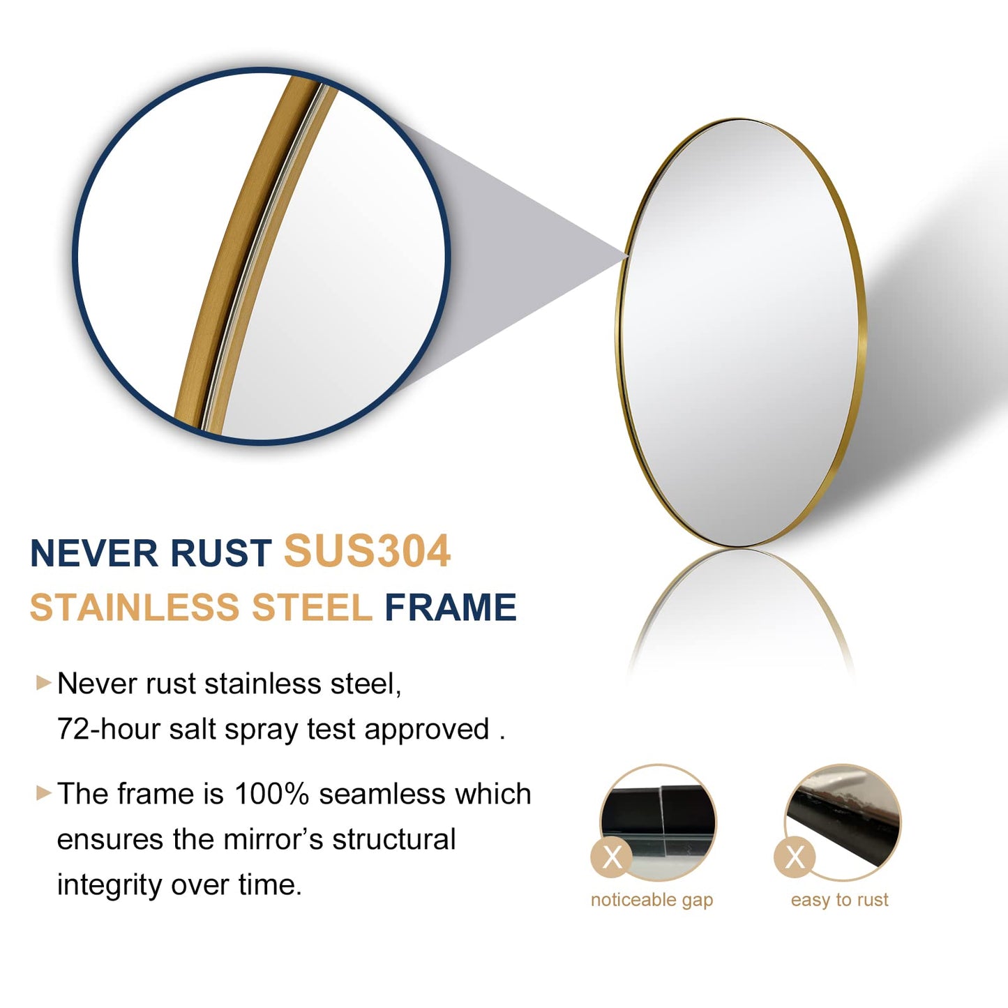 ANDY STAR Oval Gold Mirror, 22x30'' Brushed Gold Oval Mirror for Bathroom, Oval Wall Mirror for Btahroom Gold Vanity Mirror in Stainless Steel Frame Wall Mount Horizontal or Vertical