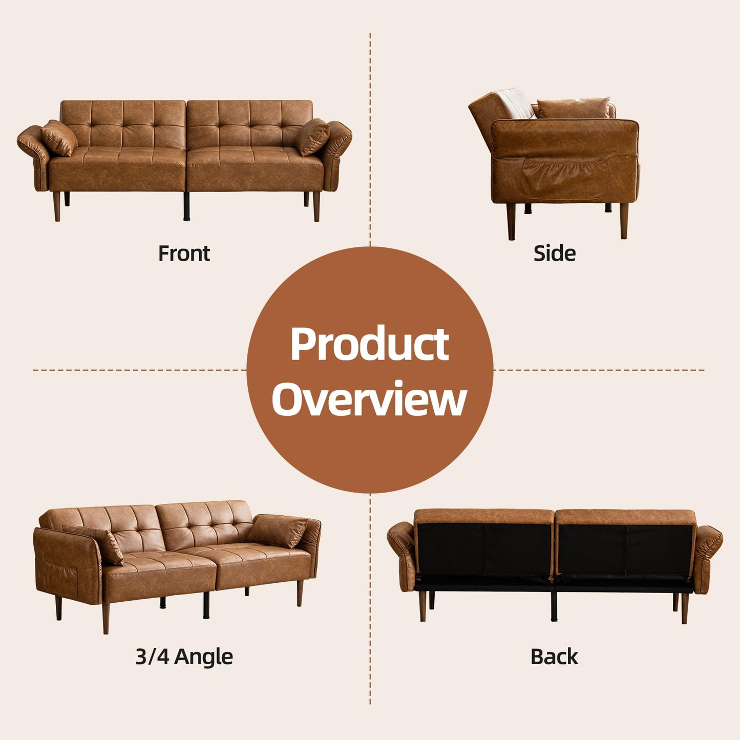 HALLYBEE 85” Futon Sofa Bed, Sleeper Sofa, Small Couch with Storage Adjustable Armrests Pillows, Faux Leather Loveseat, Mid Century Modern Couches for Living Room, Bedroom, Apartment, Brown