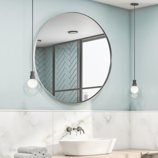 ANDY STAR 36'' Chrome Round Mirror, Polished Silver Round Bathroom Mirror, Big Circle Wall Mirror in Metal Frame, Large Vanity Mirror for Entryway, Living Room, Washrooms