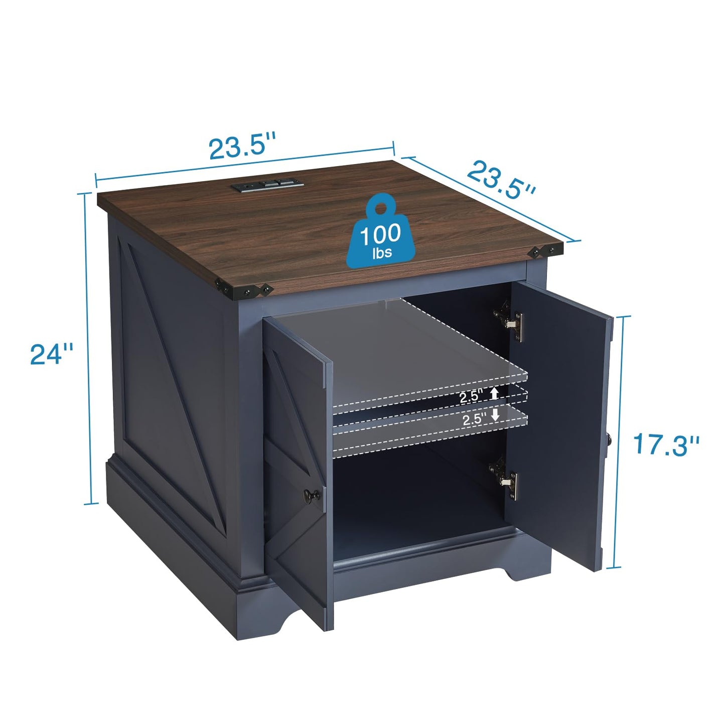 QUW 24" End Table with Charging Station, Bedside Table with Barn Door and Adjustable Shelves, Farmhouse Side Table, Nightstand for Bedroom, Living Room, Blue