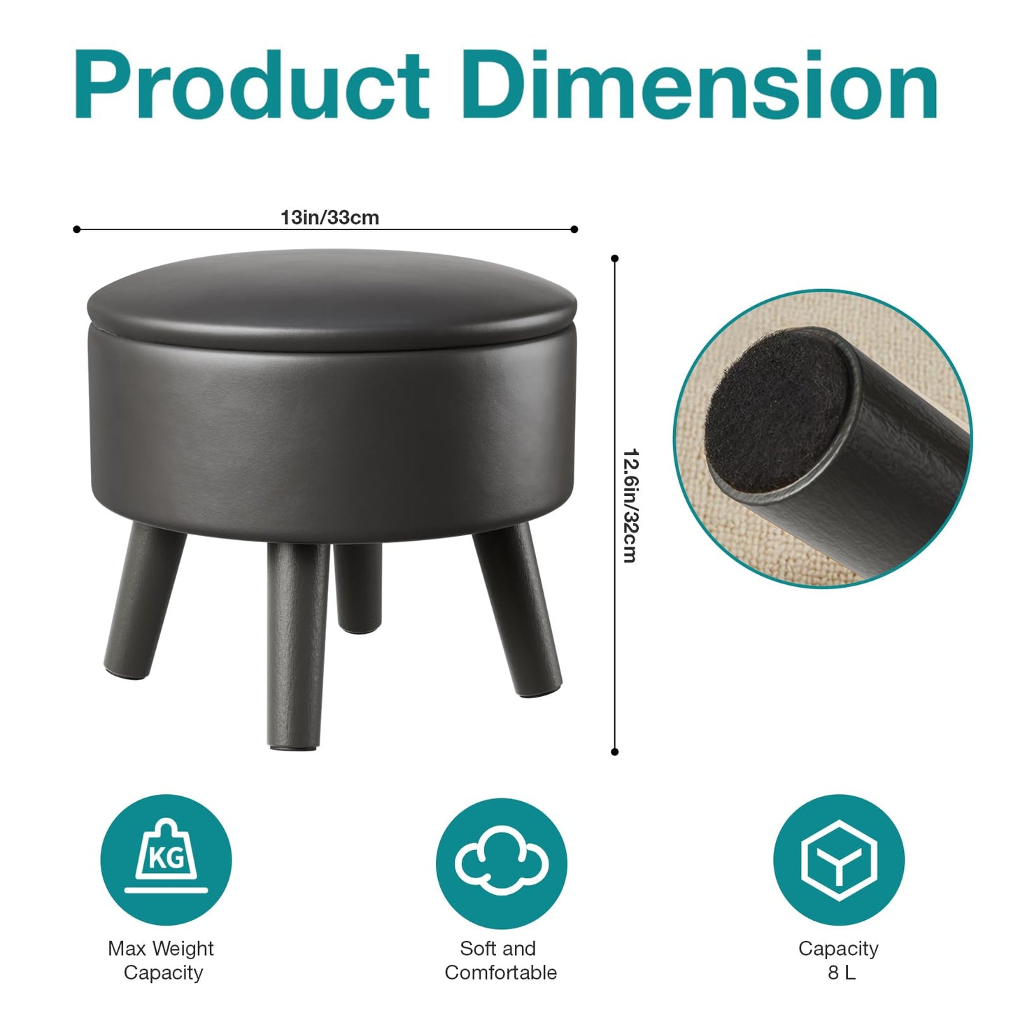 FIMIVIBI Small Foot Stool Ottoman with Storage, Faux Leather Ottoman Foot Rest for Couch, Round Footstool Ottomans for Living Room (Black)