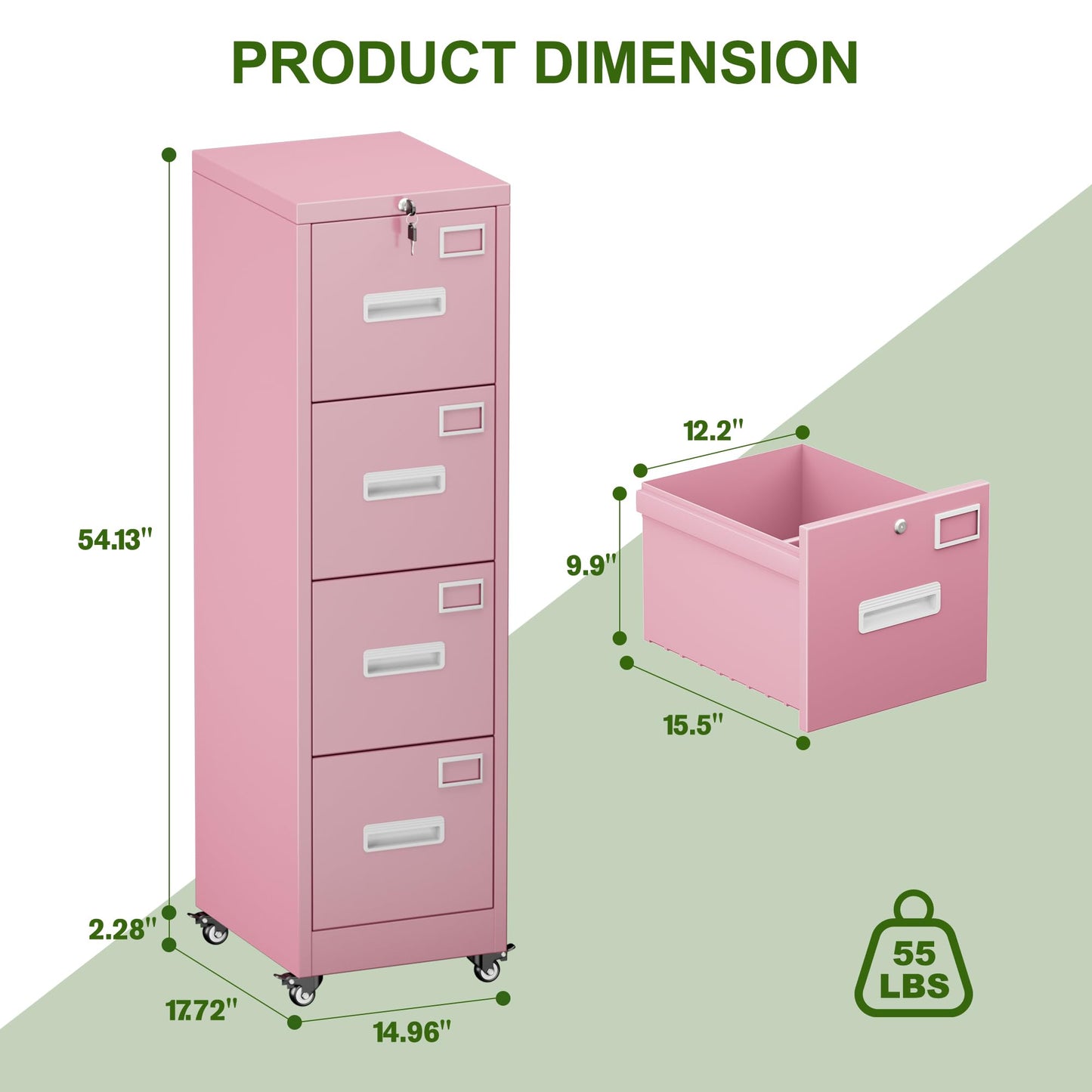 Aobabo File Cabinet 4 Drawer with Wheels, Lockable Office Metal Filing Cabinet with Name Card for Office and Home,Assembly Required,Pink