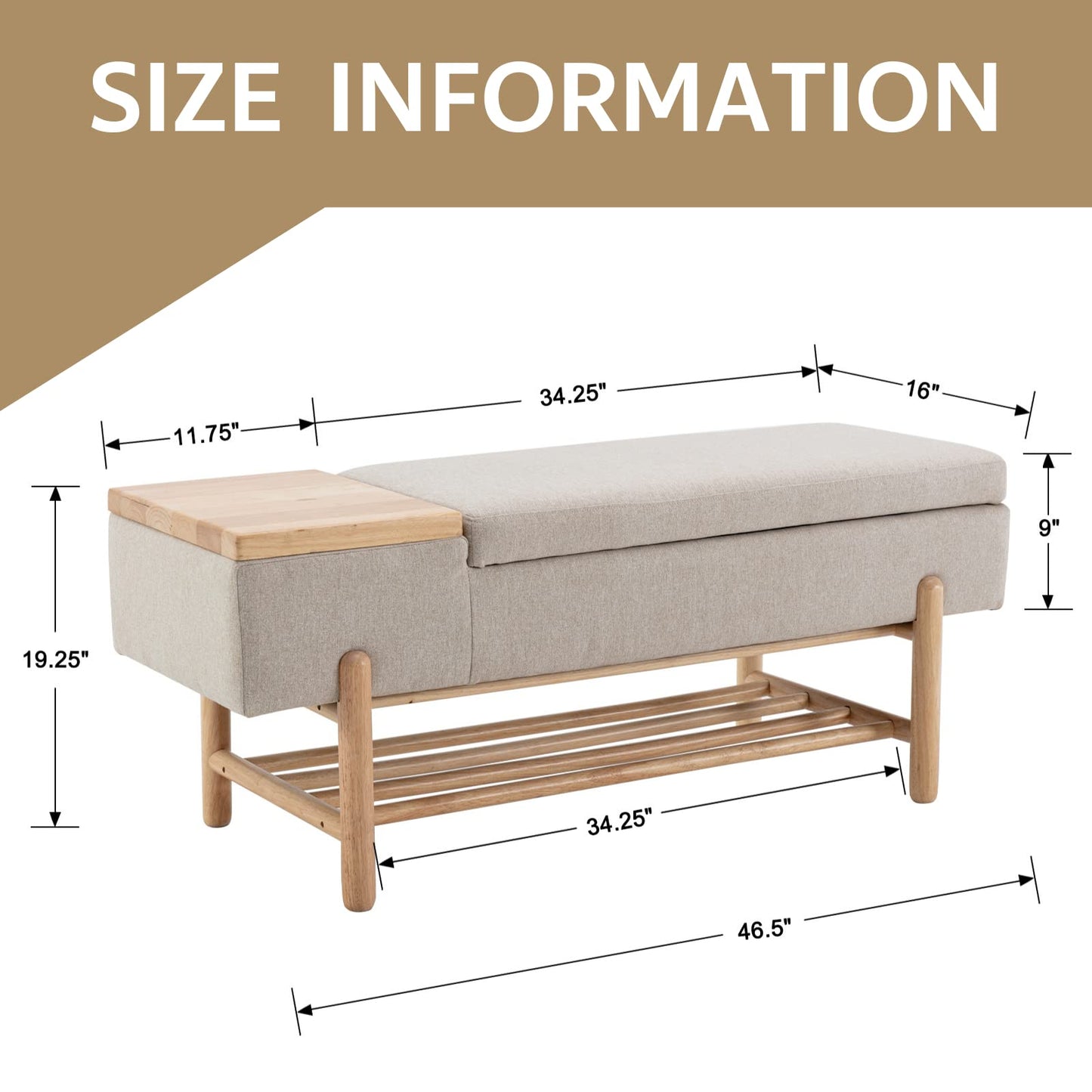 ROCITY Linen Fabric Bench for Bedroom End of Bed Beige Upholstered Storage Ottoman Bench with Cushion Seating for Living Room Entryway, Wood Legs