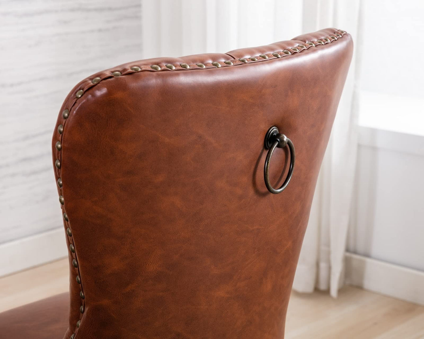 CIMOTA Brown Leather Dining Chairs Set of 2 Mid Century Modern Dining Room Chairs Tufted Upholstered Kitchen Dining Chairs Comfortable Side Chairs with Nailhead Trim/Ring Back (PU /2PCS)