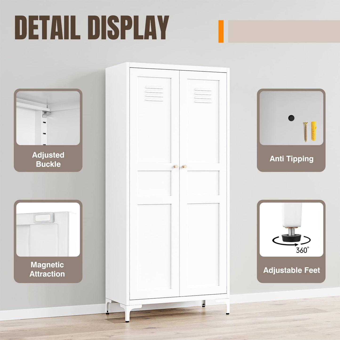 Yizosh Metal Storage Cabinet with 2 Doors and 4 Adjustable Shelves - 61" White Kitchen Pantry Storage 5-Tier Tall Steel Cabinets Locker for Kitchen, Living Room, Dining Room