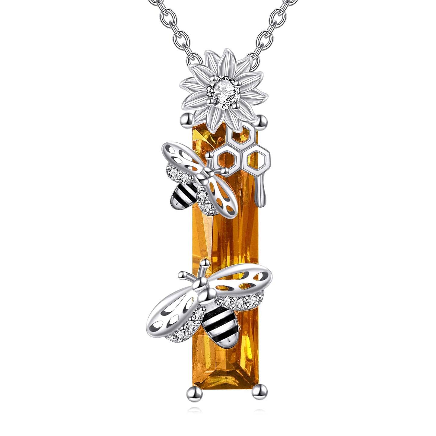 Grmdit Bee Necklace S925 Sterling Silver Honeybee Pendant Necklace with Yellow Crystal Jewelry Gift for Women Bee Lover