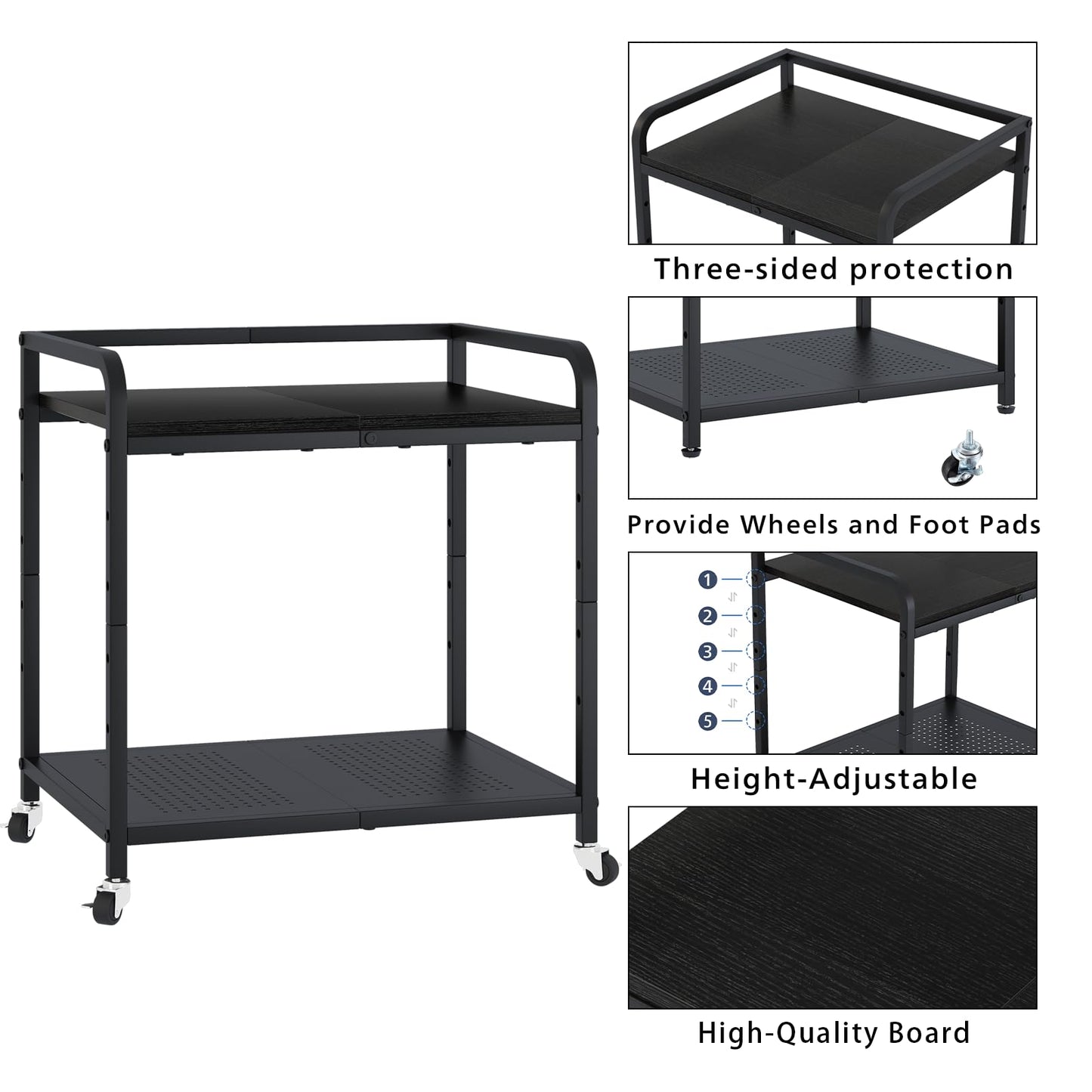 Heakrit 21"x15.8" Large Printer Stand with Storage, 2-Tier Under Desk Printer Table, Rolling Printer Cart with Lockable Wheels for Home, Office (Black)