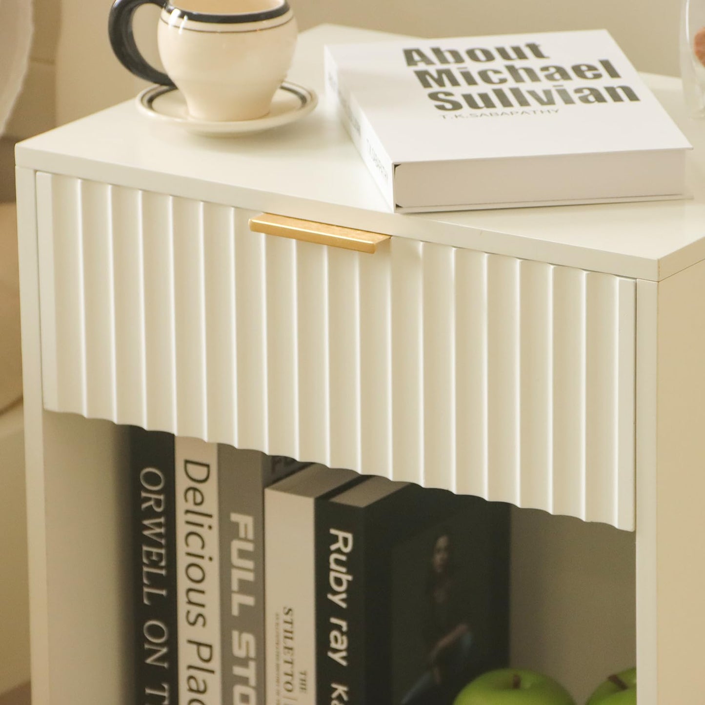 Fultyle White Nightstand, Modern Bedside Table with Drawer and Opening Storage, Fluted End Side Table Living Room with Solid Wood Legs for Bedroom (White)